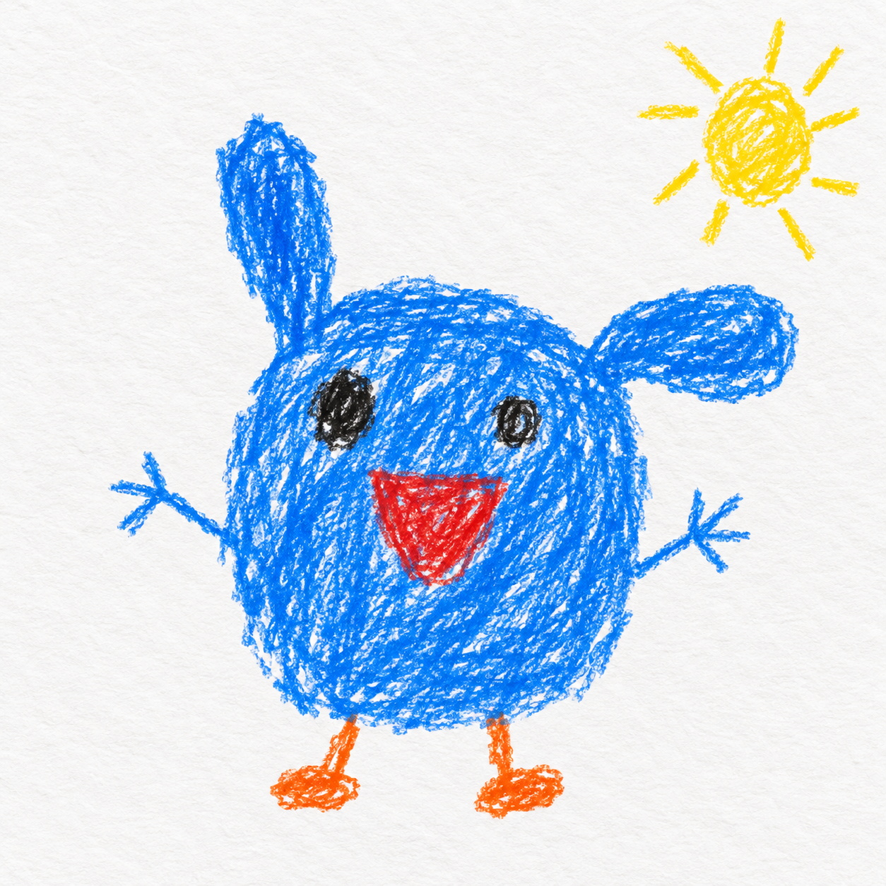 青い体とオレンジ色の足をした、ふしぎな生き物のクレヨン画。制作イメージ。